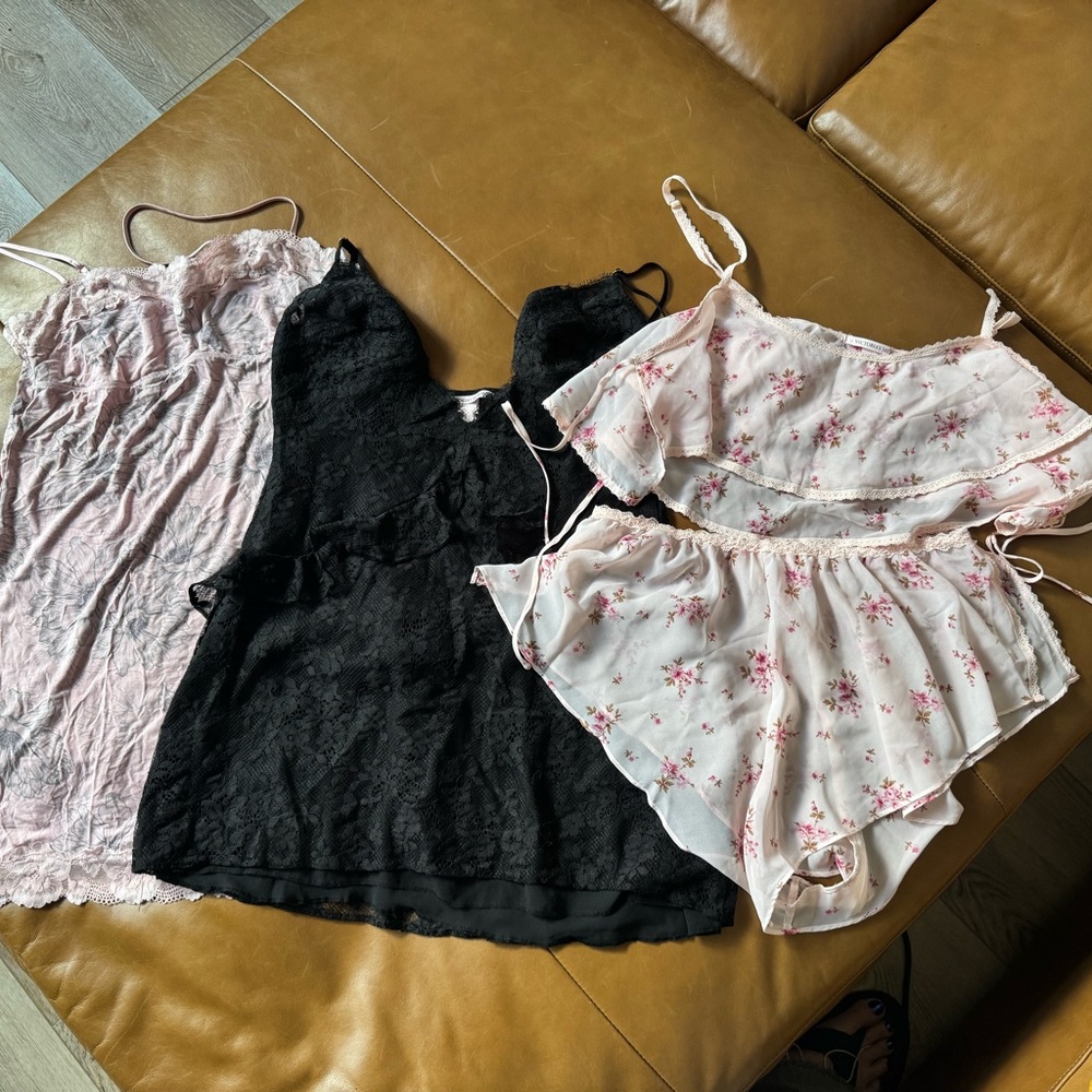 Victoria's Secret Black Lace Camisole with Pink Floral Ruffle Set